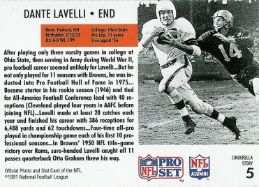 Back of Dante Lavelli 1991 NFL Pro Set Cinderella Story card